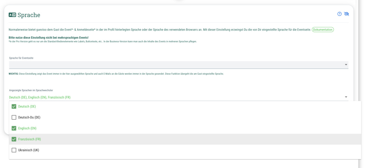 7. Optional: Wählbare Sprachen festlegen - Event > Settings > Sprache